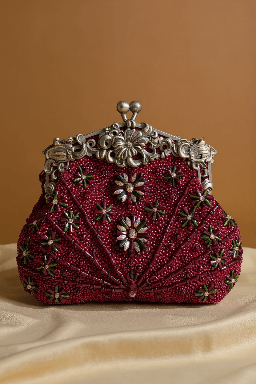 Vintage Batua Style Clutch - Maroon (Silver Hardware)