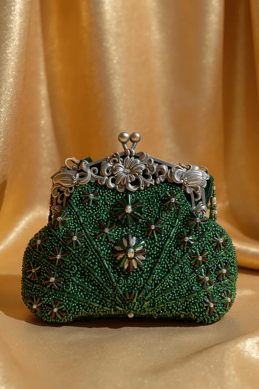 Vintage Batua Style Clutch - Emerald Green (Silver Hardware)