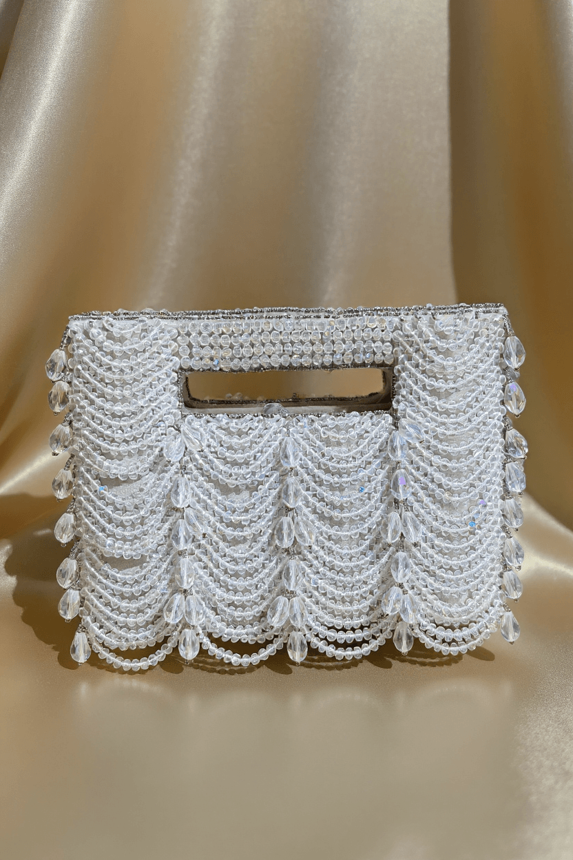 Silver Beads Clutch With Handle