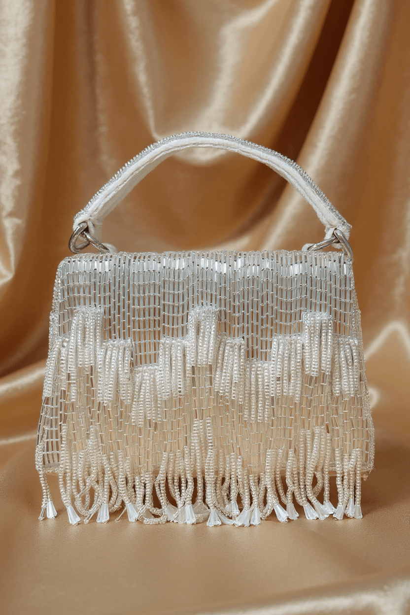 White & Silver Cutdana Bag With Fringe