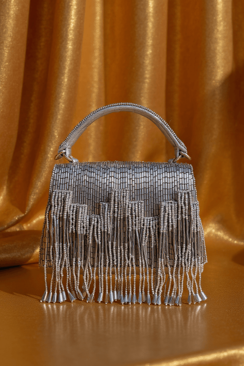 Grey & Silver Cutdana Bag With Fringe