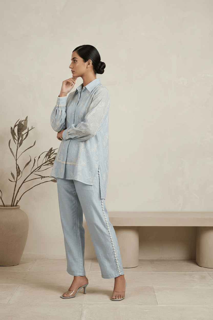 Charu - Mul Cotton Co-Ord Set (Pastel Blue)