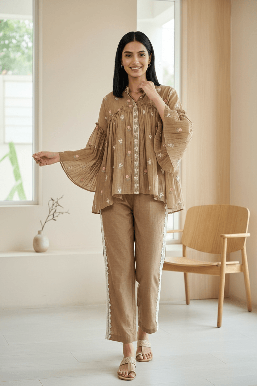 Shruti - Mul Cotton Co-ord Set (Light Brown)