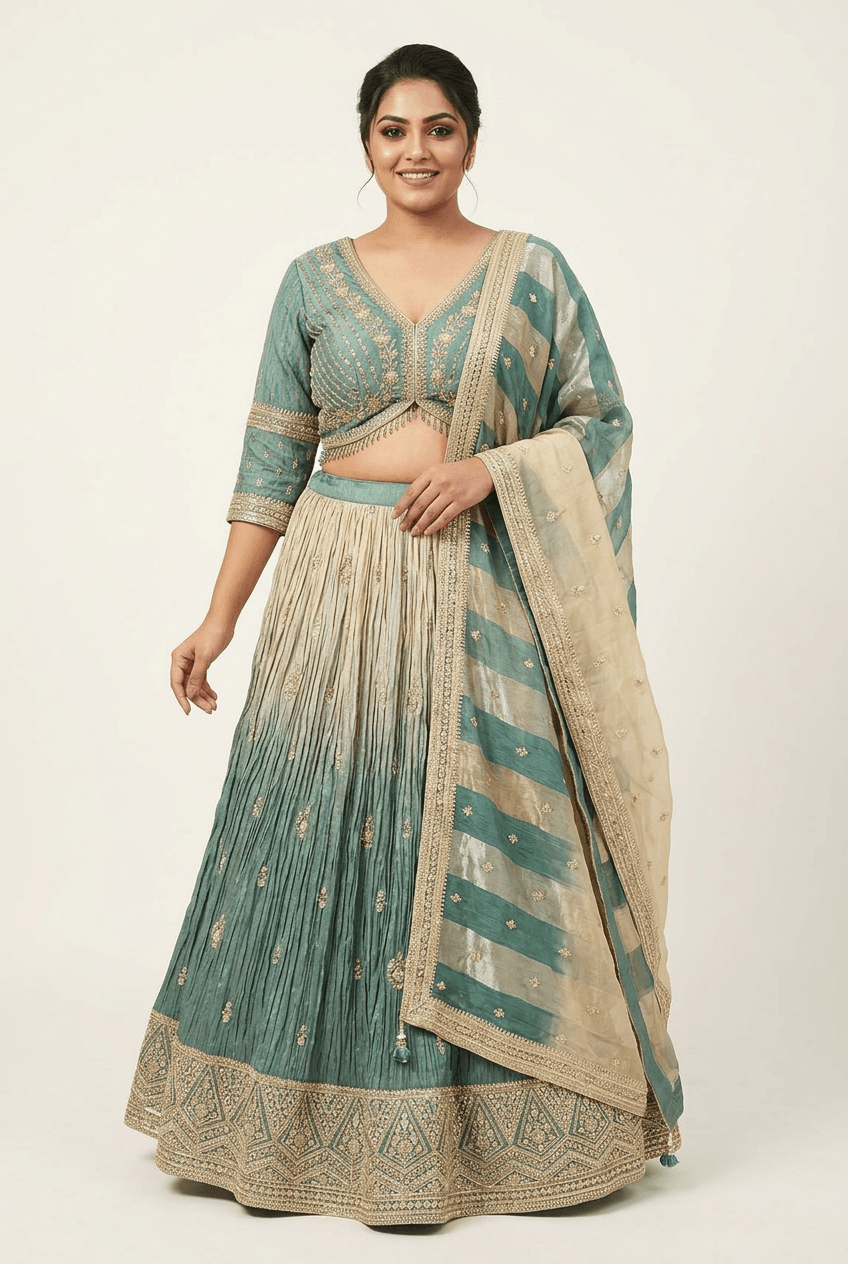 Parineeti - Teal Ombre Tissue Lehenga Set