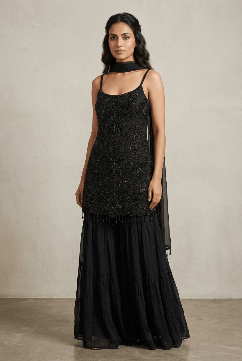 Niharika - Black Strapless Sharara Set