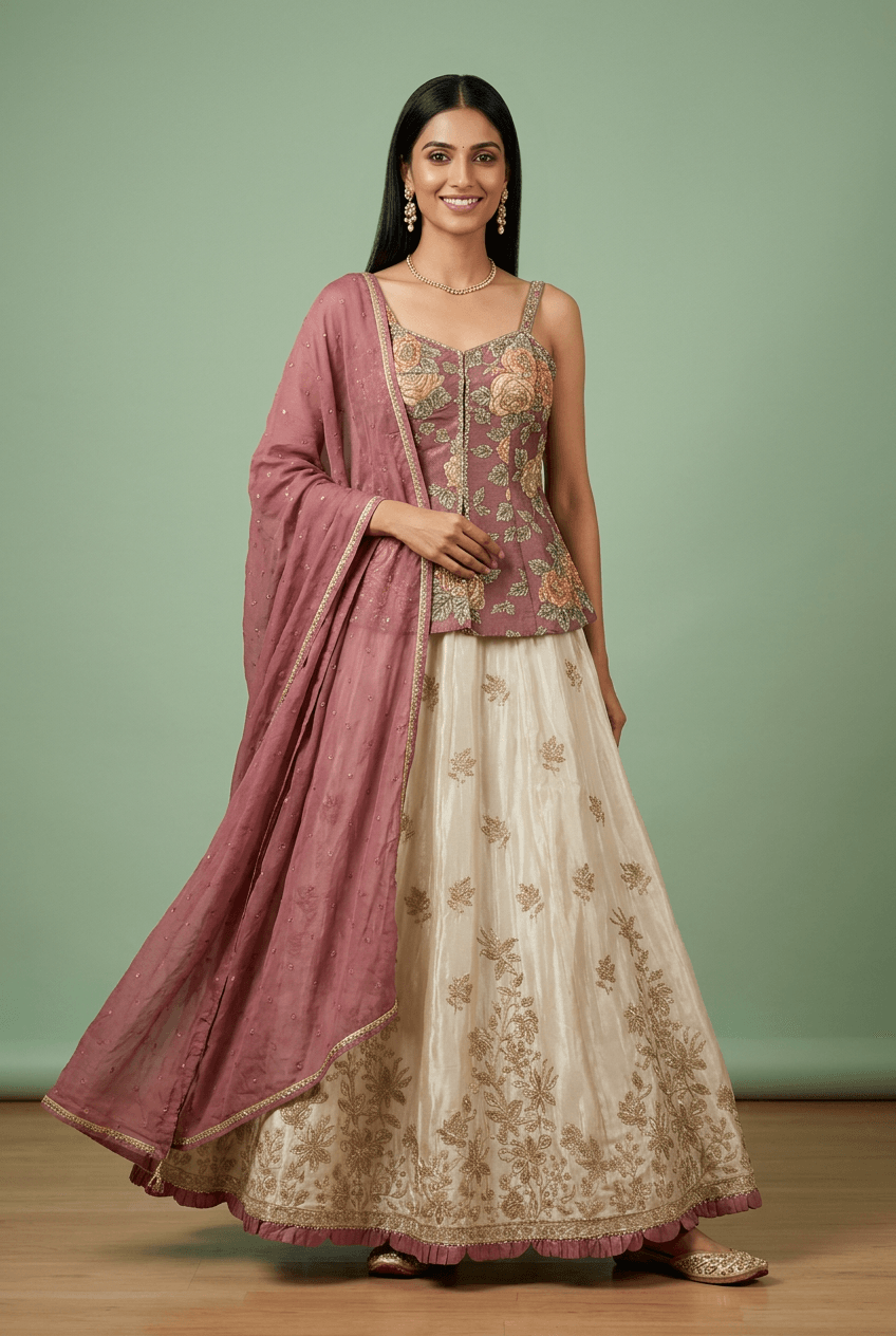 Gulrukh - Long Blouse Pink & Ivory Lehenga