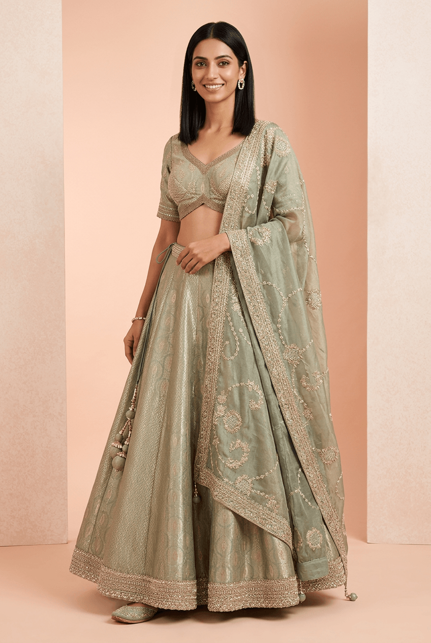 Mannat - Sage Green Tissue Lehenga