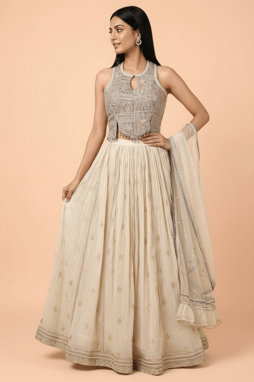 Bina - Ivory Crinkle Lehenga
