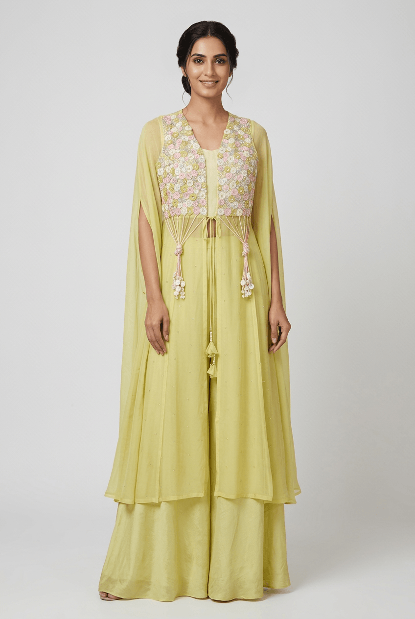 Arushi - Lemon Yellow Organza Cape Set