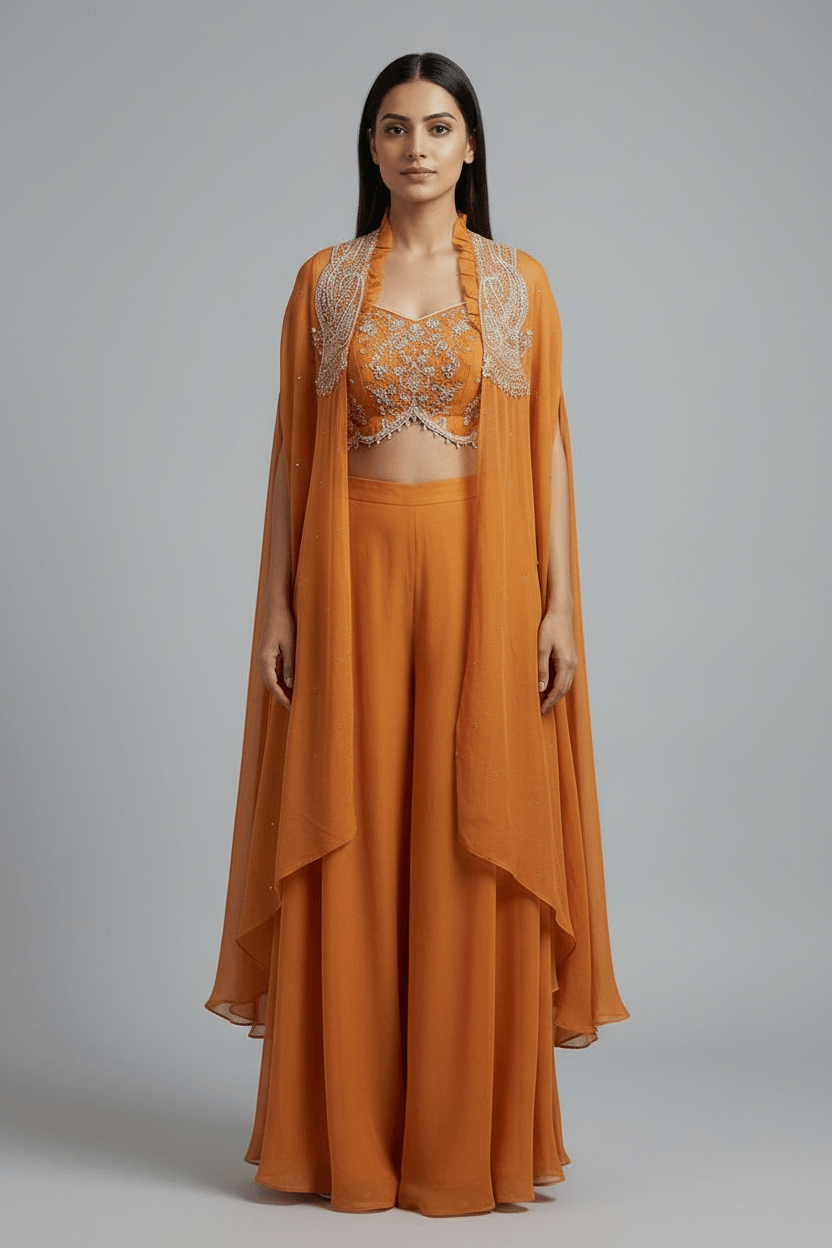 Vedika - Rust Cape Indo Western Set