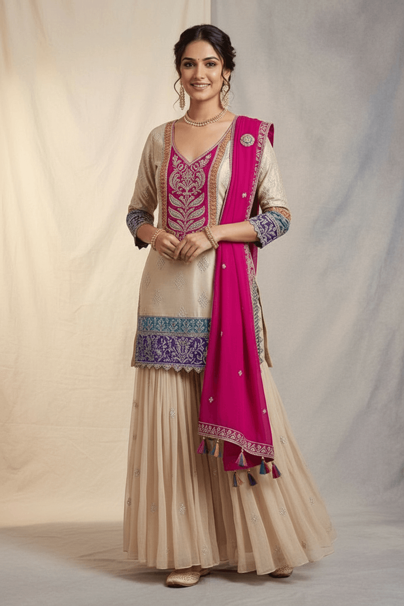Kritika - Ivory Sharara With Colour Blocking