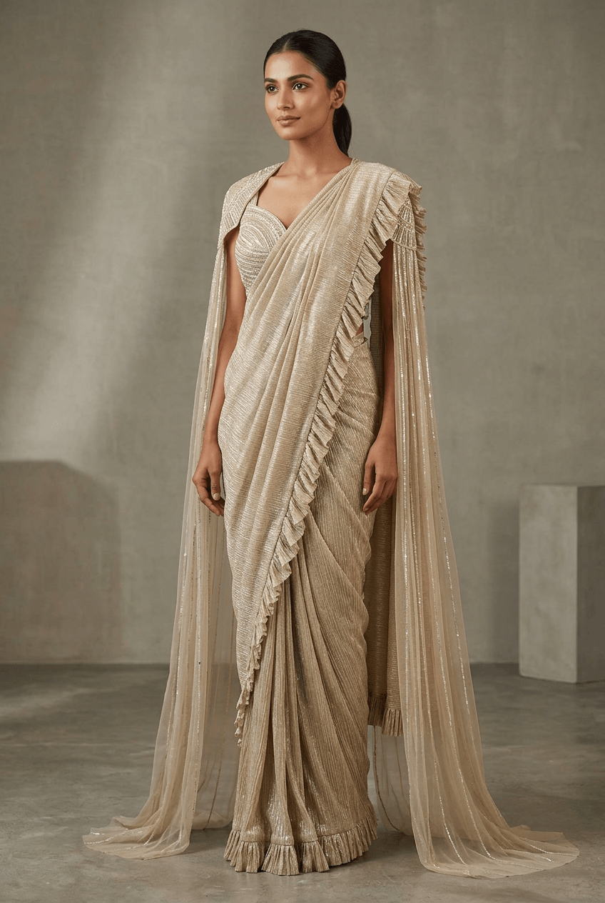 Auram - Gold Drape Saree With Cape