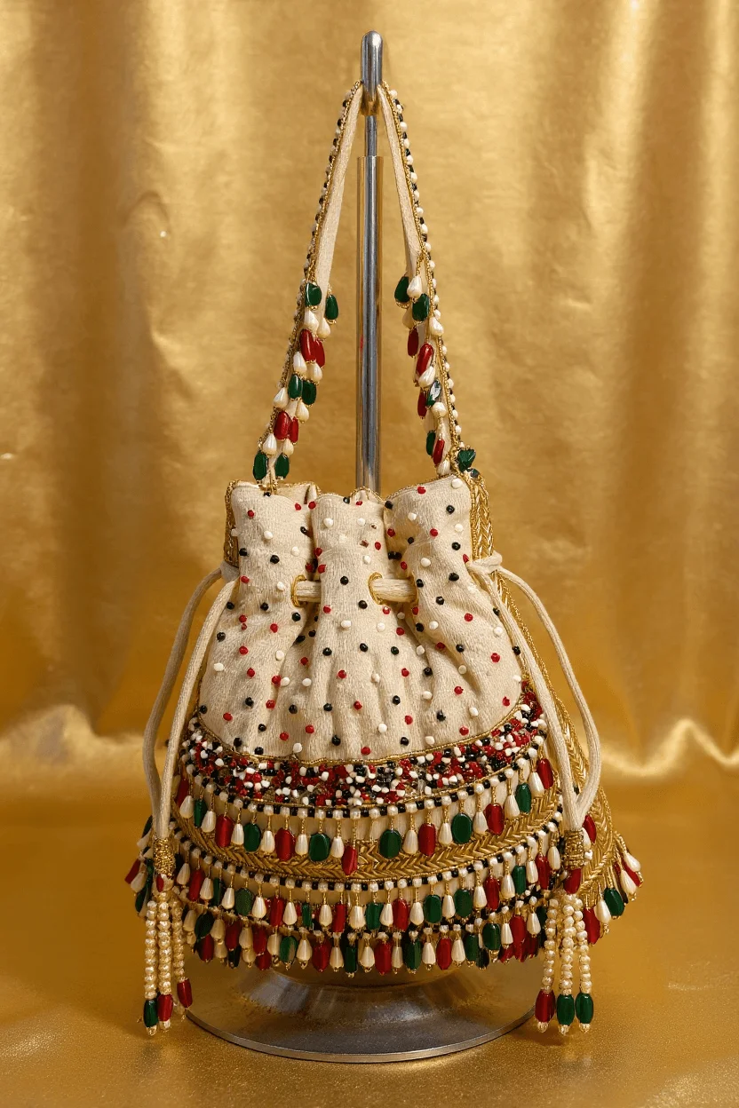 Suede Potli With Emerald & Ruby Beads