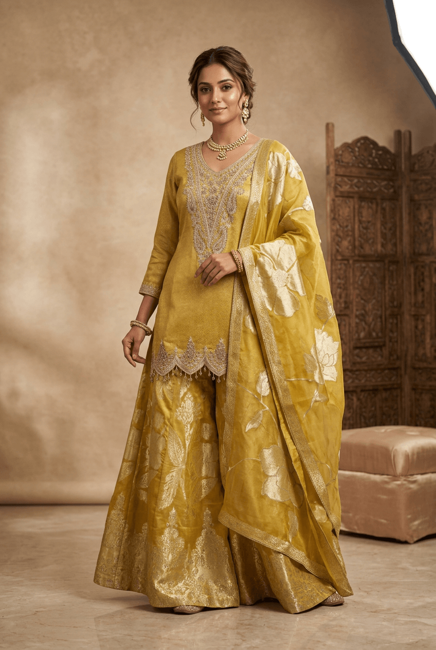 Sunehri Noor Sharara Set - Yellow