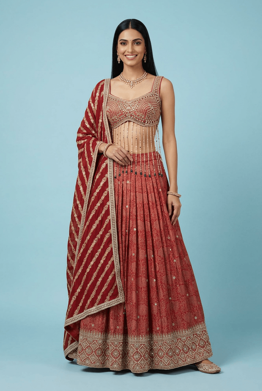 Rubina - Red Tissue Lehenga With Fringe
