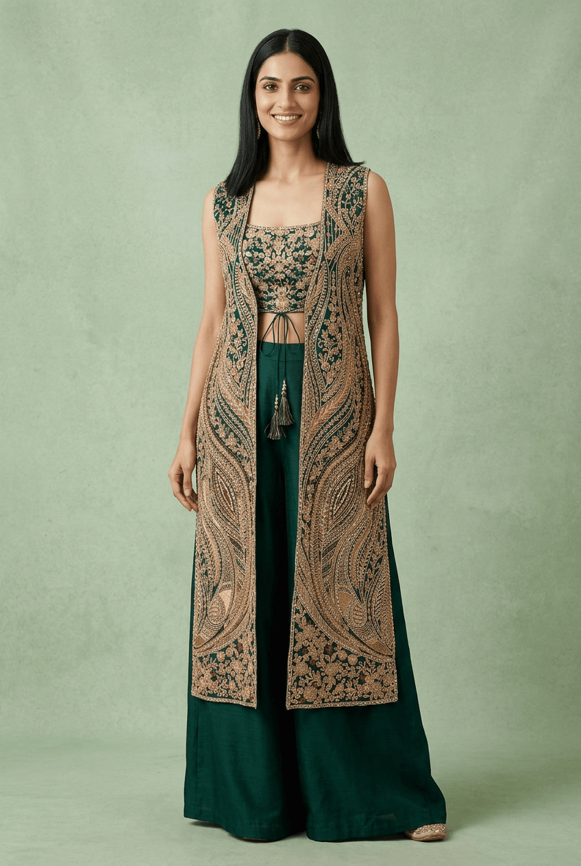 Zariya - Deep Green Jacket Palazzo Set