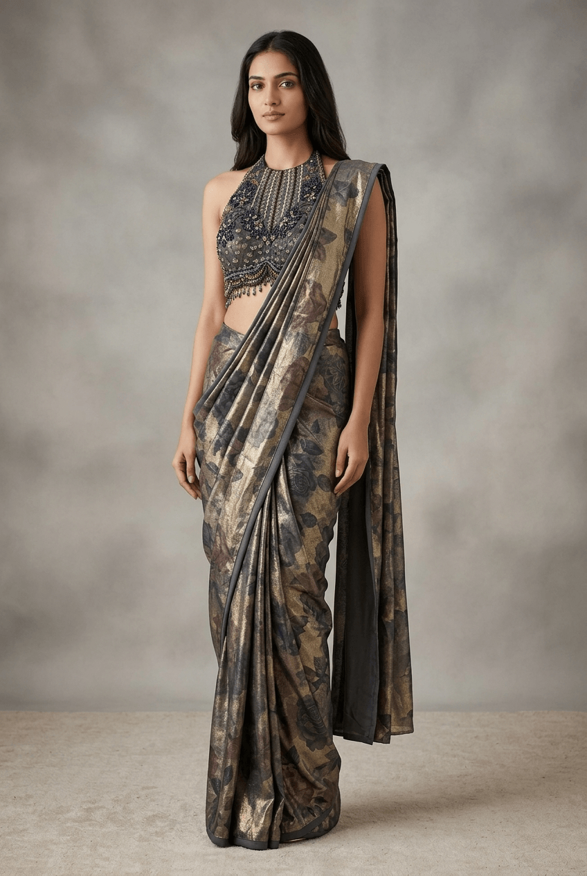 Metallic Black Drape Saree
