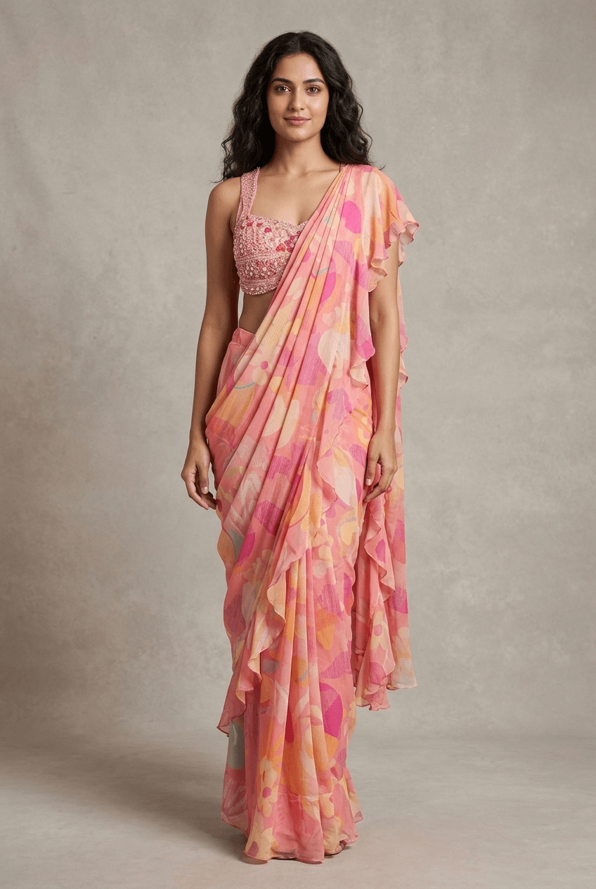 Baby Pink Floral Drape Saree