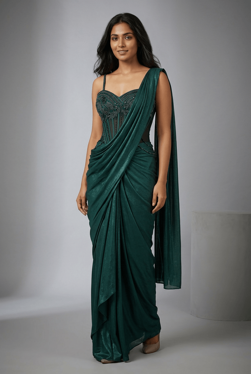 Emerald Green Corset Drape Saree