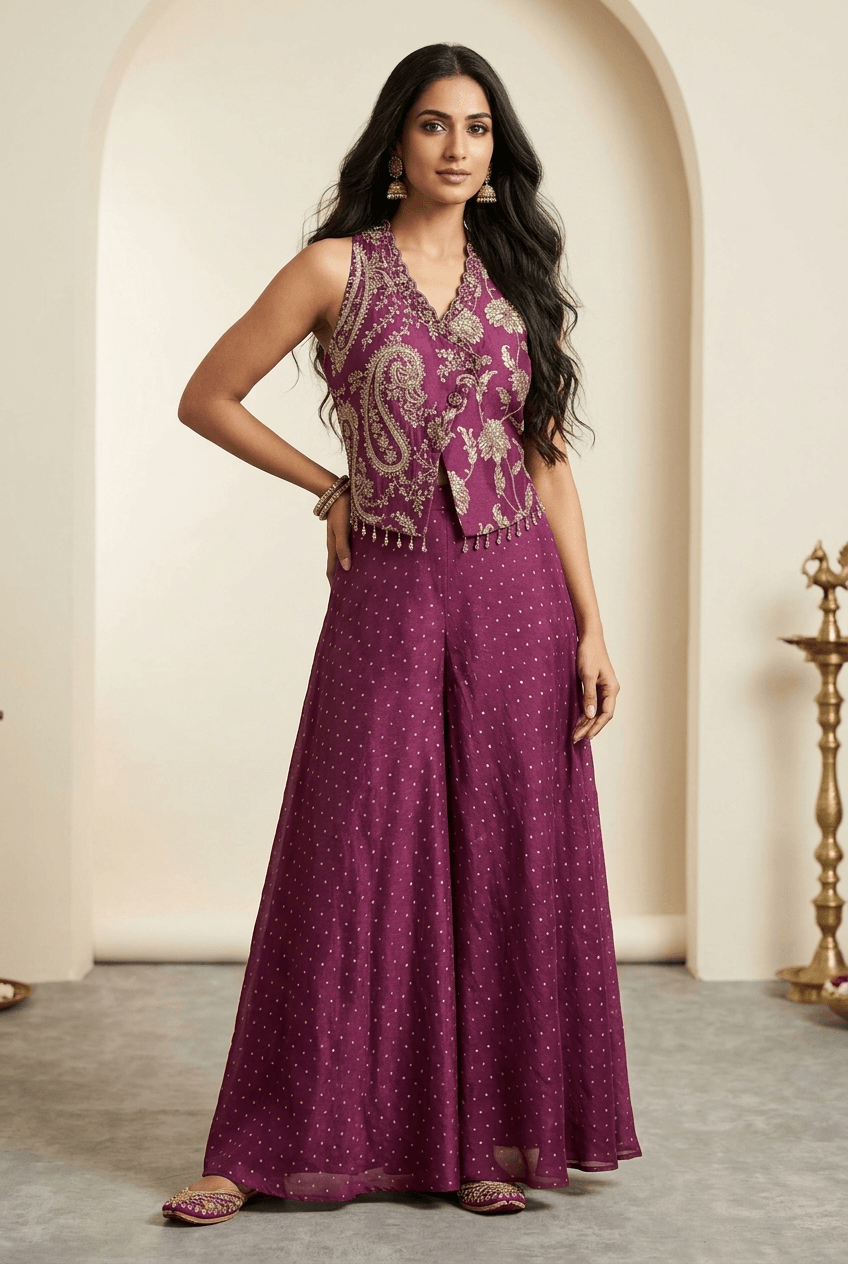 Plum Indo-western Plazzo Set with Vest & Dupatta