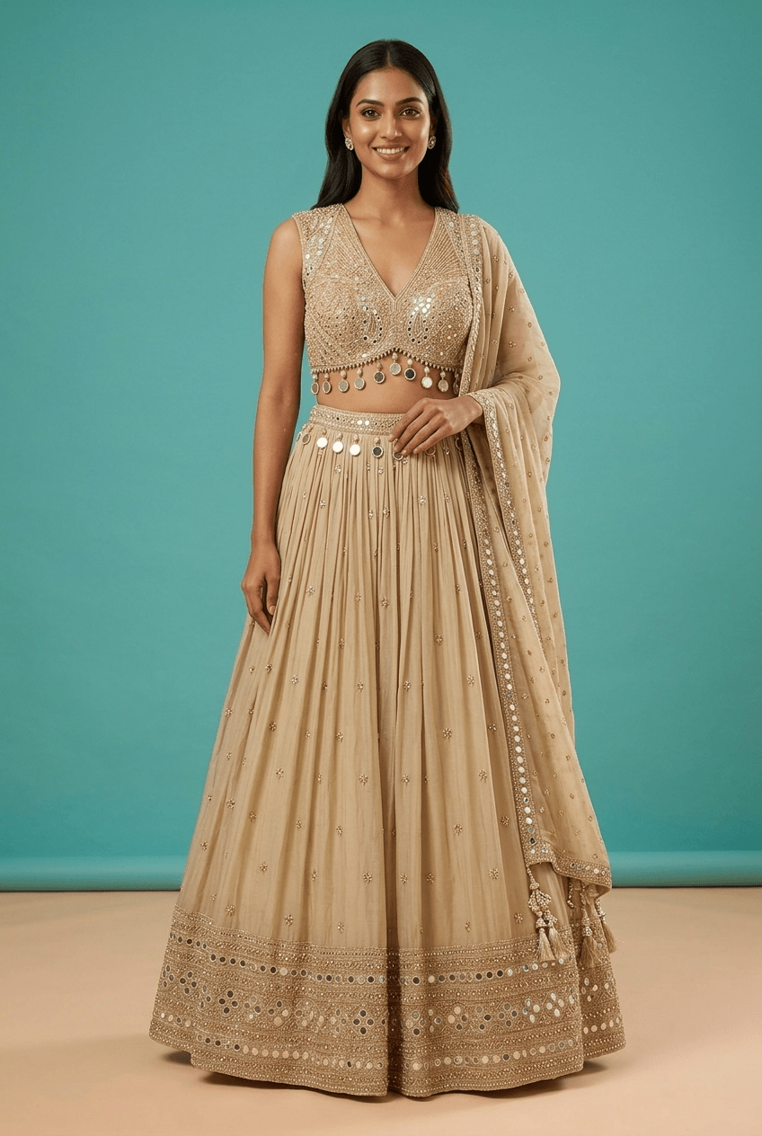 Dull Gold Mirror Work Lehenga