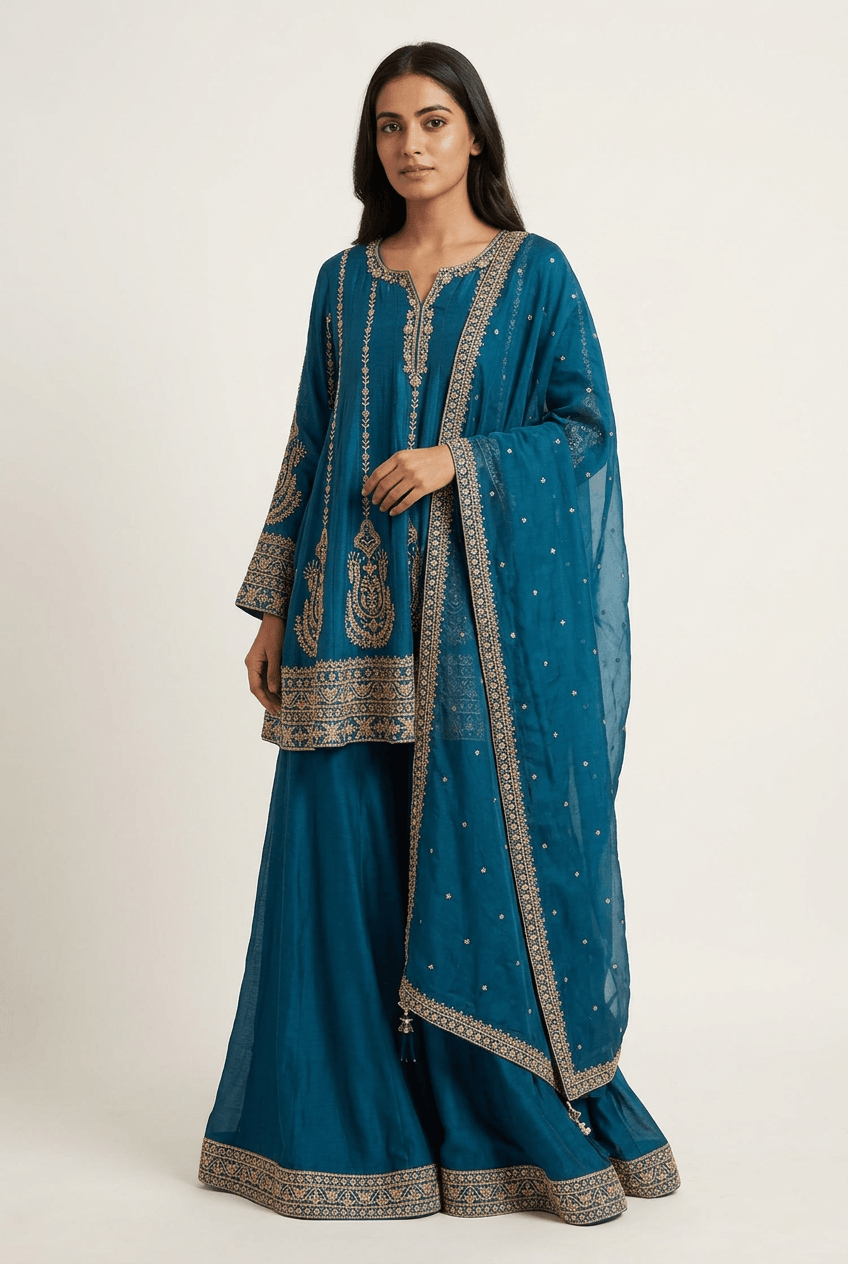 Teal Blue Short Anarkali With Sharara