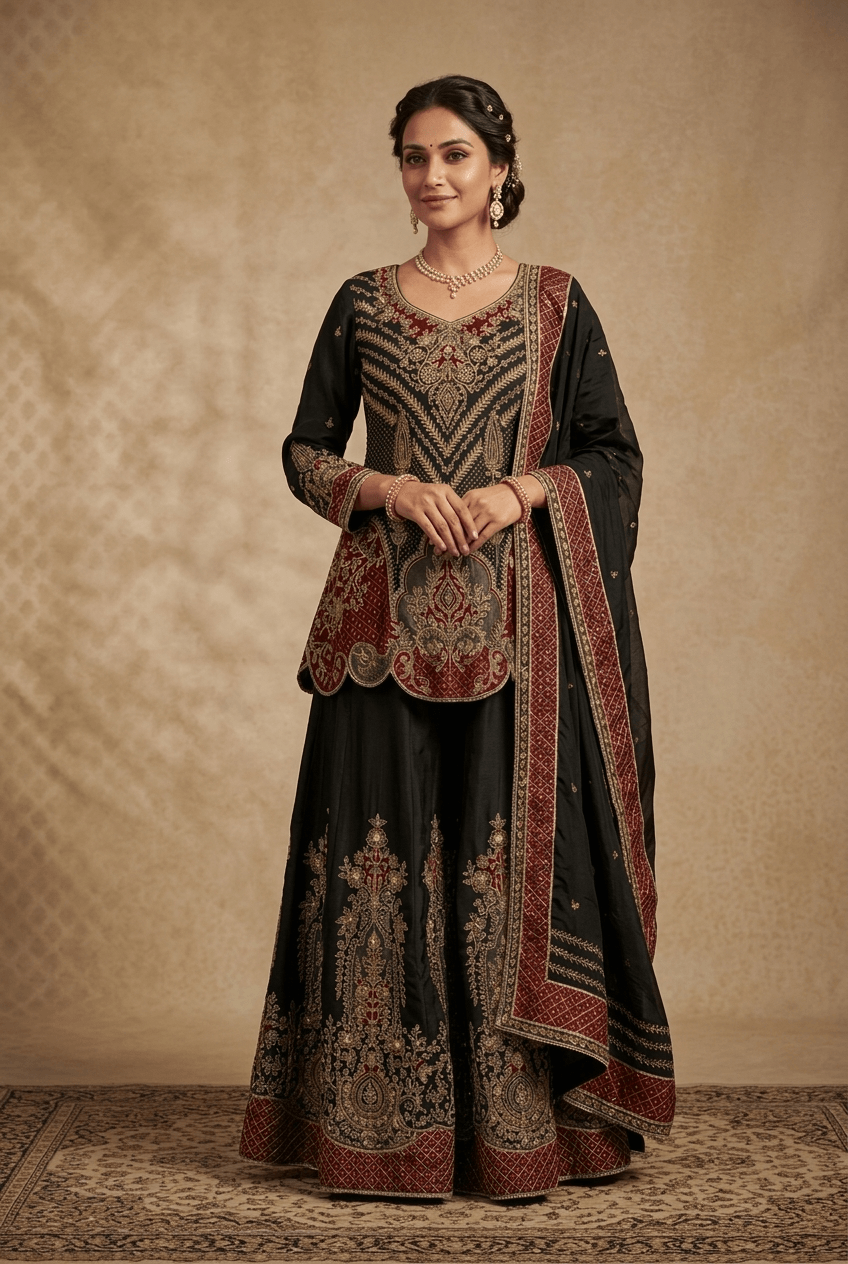 Black Digital Print Pitta Work Sharara