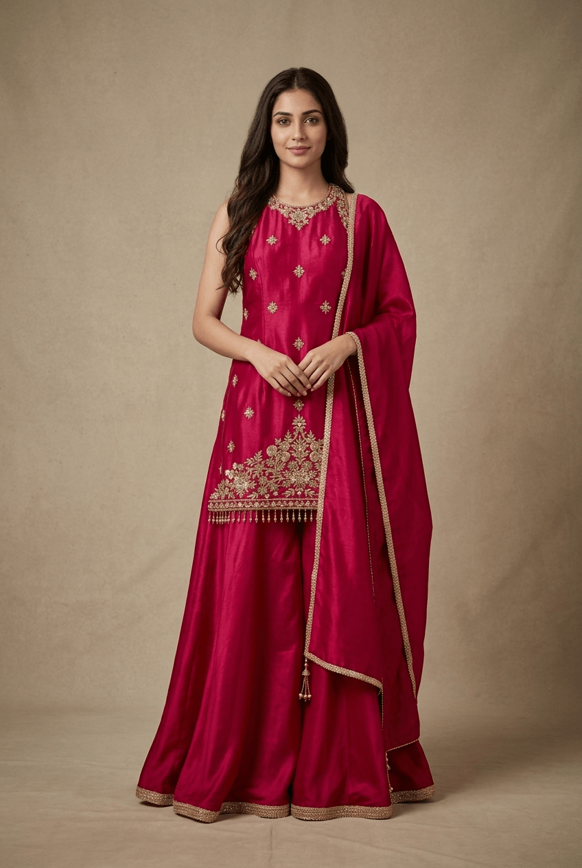 Red Sharara Razor Sleeves with Dupatta (Customisable)