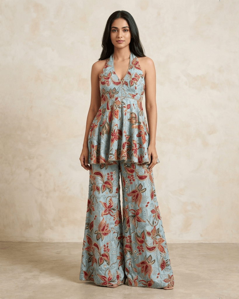Soft Blue Halter Indo Western With Floral Print