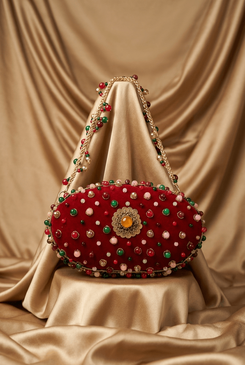 Red Mini Clutch With Multicolour Stone Embroidery